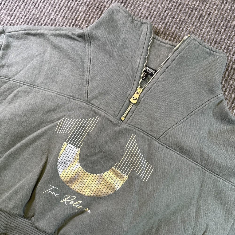 True Religion Womens M Cropped Quarter Zip Sweatshirt Sage Green Logo Pullover